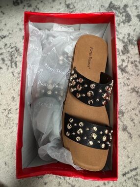 Pierre Dumas Black Studded Double-Strap Slides